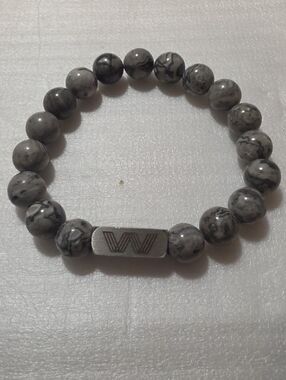 Beaded Stretch Bracelet with Metal 'W' Plate - Gray Marble Beads